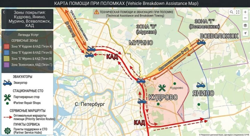 Эвакуация автомобиля в Кудрово и Ленинградской области: полное руководство по безопасности и технологиям 5 Карта зоны покрытия эвакуатора в Кудрово, Всеволожске и на КАД